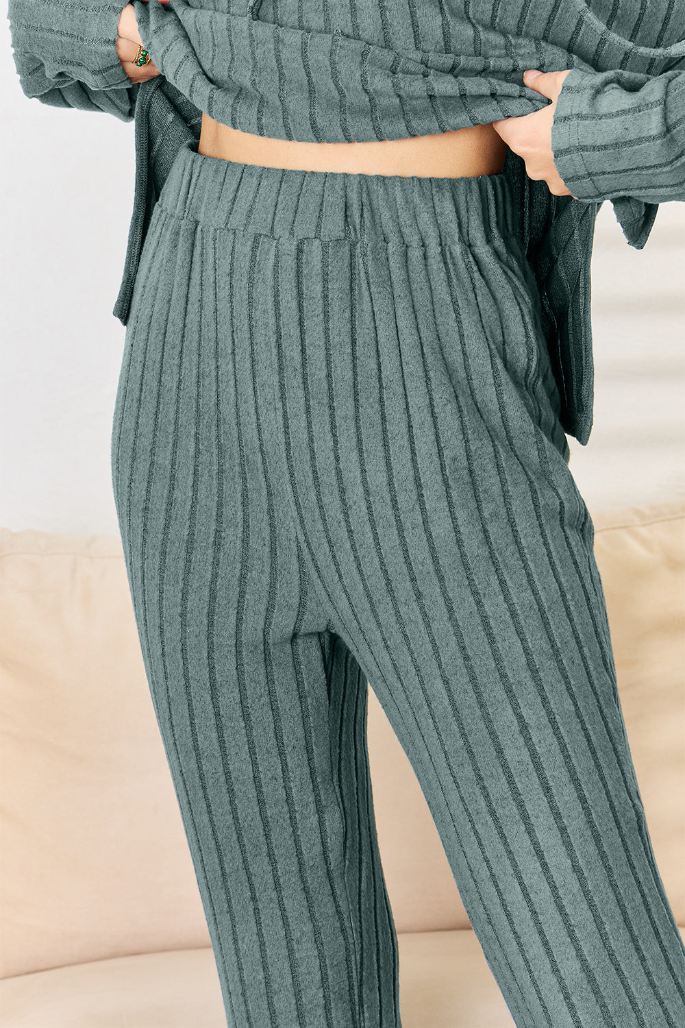 Basic Bae Full Size Ribbed Drawstring Hooded Top and Straight Pants Set